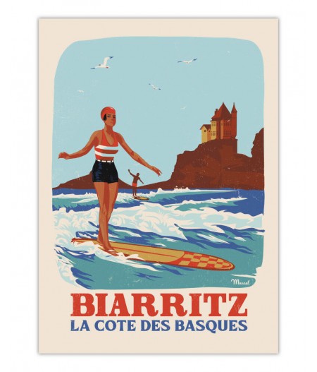 Affiches Marcel Small Edition - BIARRITZ Rétro Surf - Côte des Basques 30x40cm 350 g/m²
