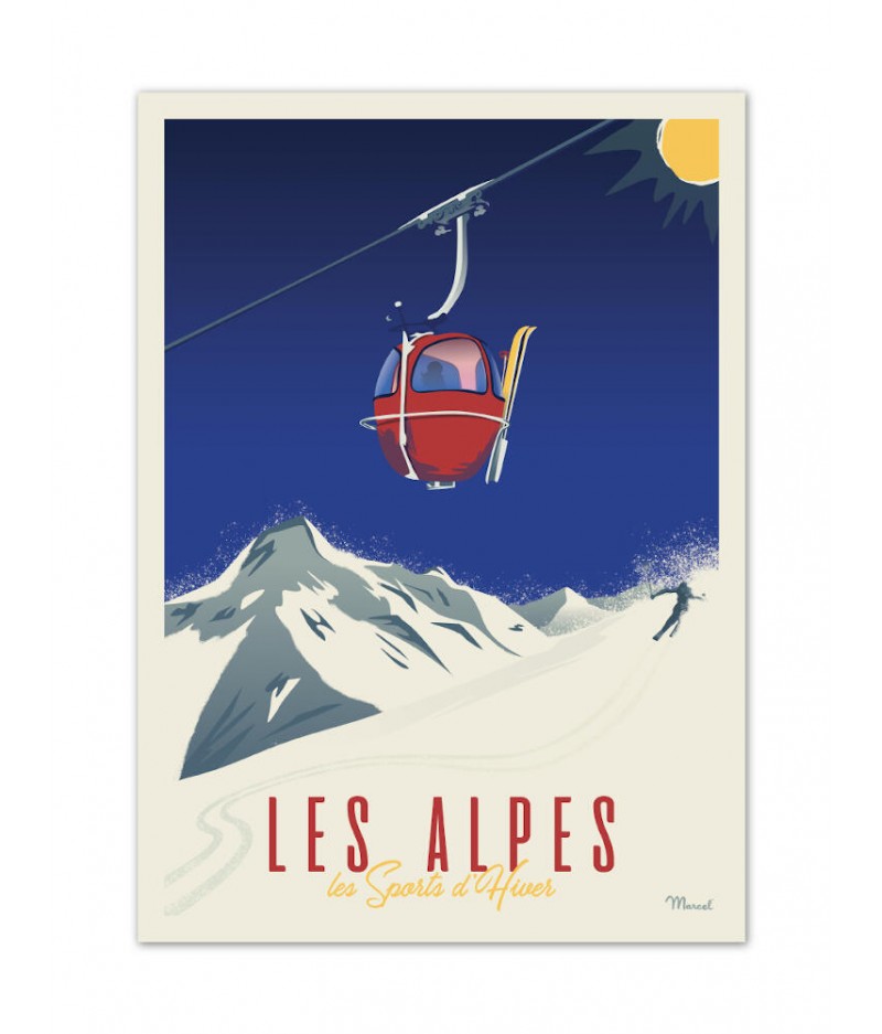 Affiches Marcel Small Edition - CLASSICS WINTER ALPES - La Télécabine 30x40cm 350 g/m