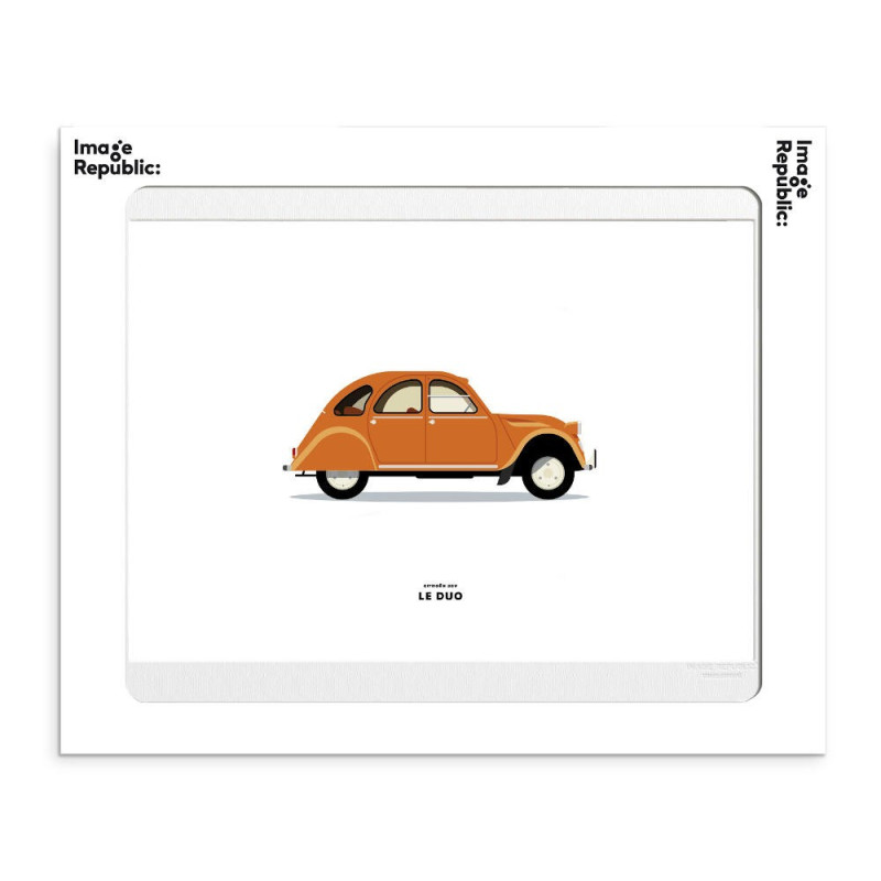 30x40 cm Le Duo Voiture Citroen 2CV Orange - Affiche Image Républic