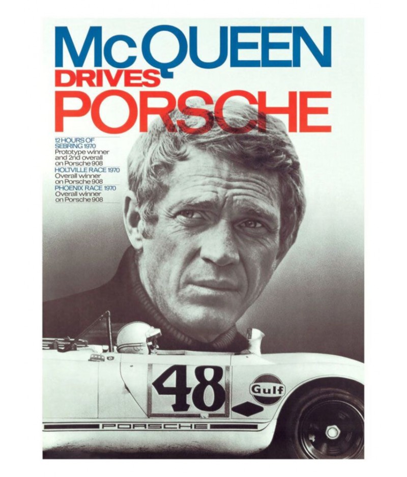 Tirage papier 40 x 60 cm PORTRAITS NB - Steve Mc Queen drives Porsche  - Blue Shaker