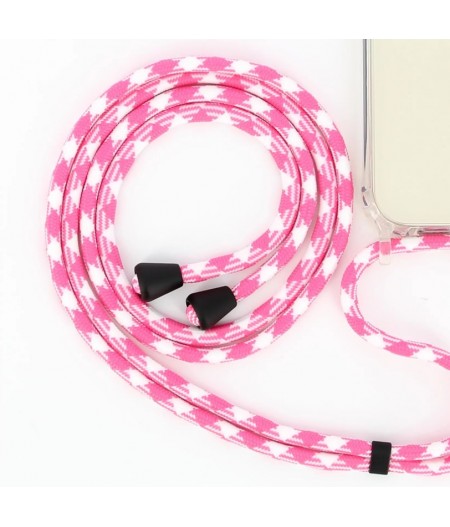 Lanière cordon Lilou en coton tressée avec embout en métal noir mat, coloris rose /blanc - La Coque Française