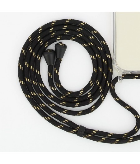 Lanière cordon Lilou en coton tressée avec embout en métal noir mat, coloris noir et doré - La Coque Française