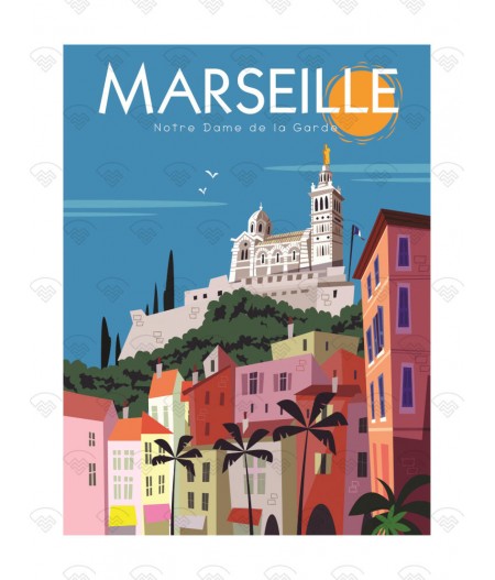 Affiche Maison Landolfi 30x40 cm - Marseille - Bonne Mère Gary Godel - Notre Dame de la Garde avec palmiers