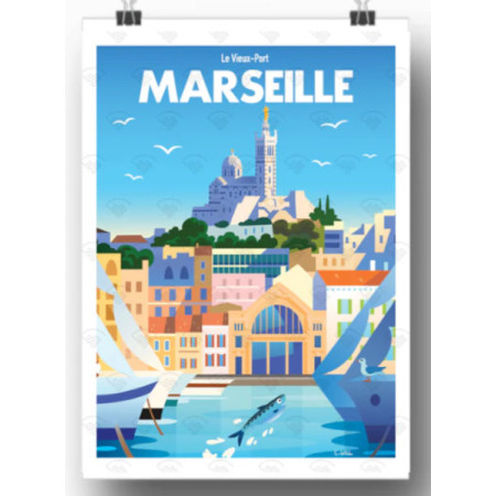 Affiche Maison Landolfi - Marseille - Vieux port par C.WILL 30x40 cm