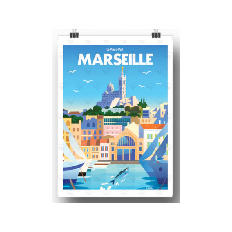 Affiche Maison Landolfi - Marseille - Vieux port par C.WILL 30x40 cm
