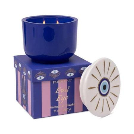 Bougie - Charmed 226g Blue Glass Candle with Evil Eye Ceramic Lid - Incense & Smoke - Paddywax